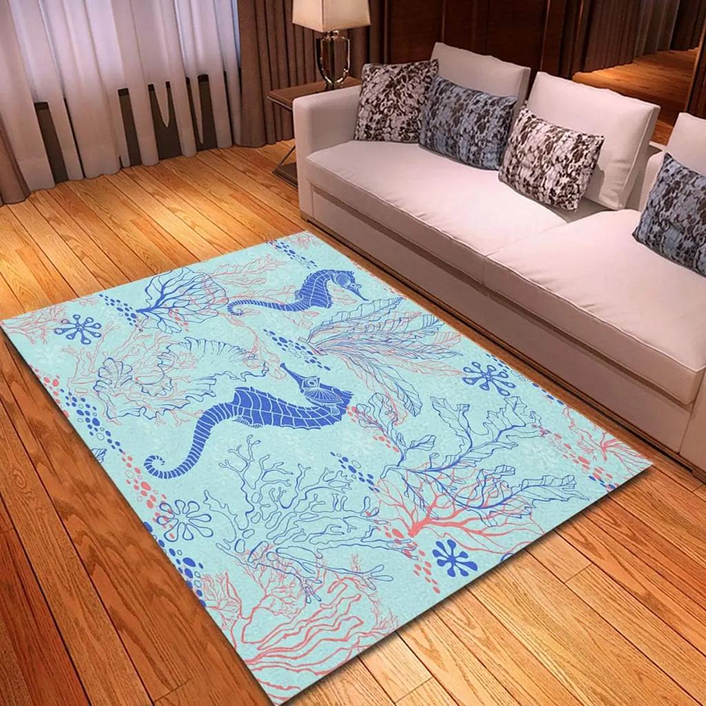 Seahorse Area Rug Coastal Seaside Seahorse Starfish Coral Shell Pattern Nautical Beach Themed Map Carpet for Living Room Kitchen