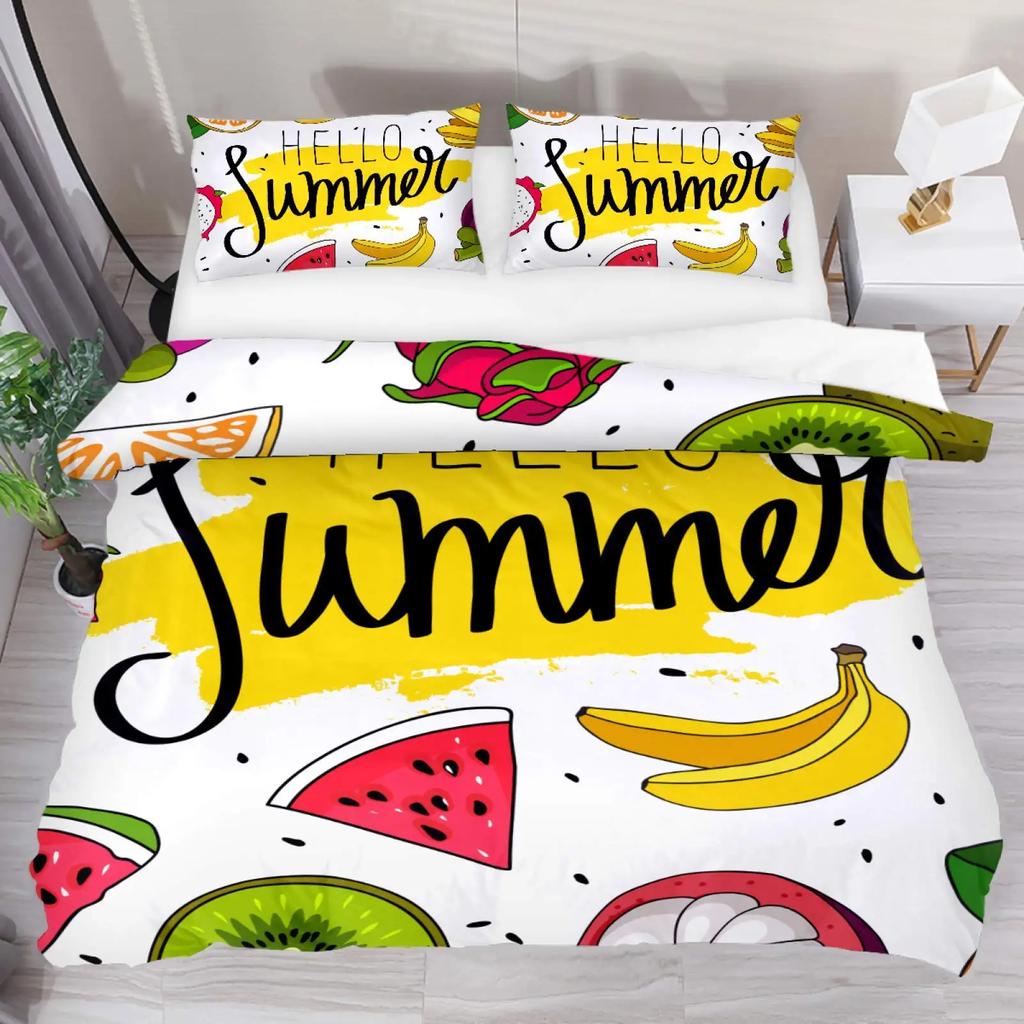 Hello Summer Duvet Cover Set Watercolor Watermelon Fruits Bedding Set Summer Holiday Theme Blue Rustic Cabin Comforter Cover