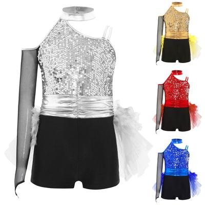 Kids Podium Performance Jumpsuit Meisjes Jazz Danskostuum Glanzende Pailletten Gevederde Rok Leotard voor Competitie Show Solo