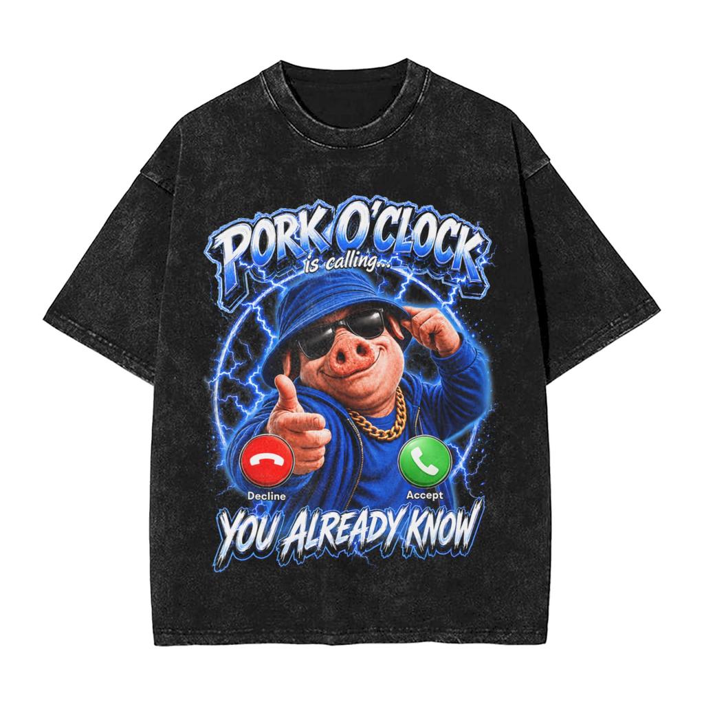 Man T-Shirt John Pork Oclock Calling Funny Meme Washed T-Shirts Novelty Summer Tees Street Style Pattern Cotton Tops Plus Size
