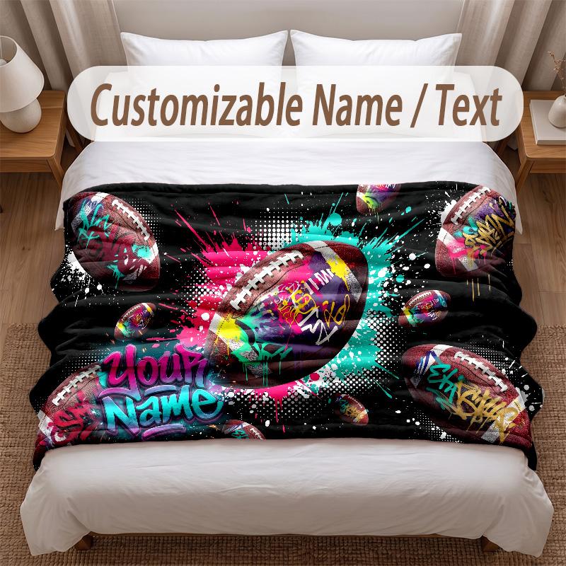 American Football Theme Soft Blanket Personalized Custom Name Text Print Warm Blanket Home Sofa Bedroom Decor