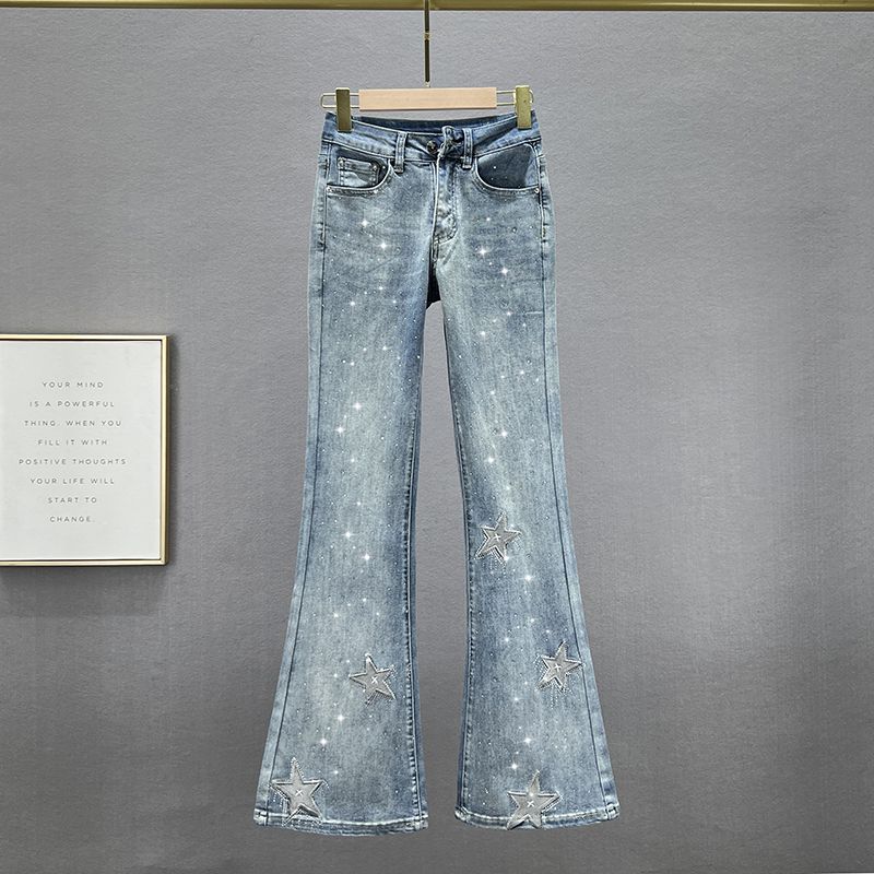 

Джинсовые брюки клеш со стразами Женская мода 2023 Новое поступление Весна Эластичные С высокой талией Прилегающие Слим Эффект похудения Брюки моп в гонконгском стиле Light Blue XL