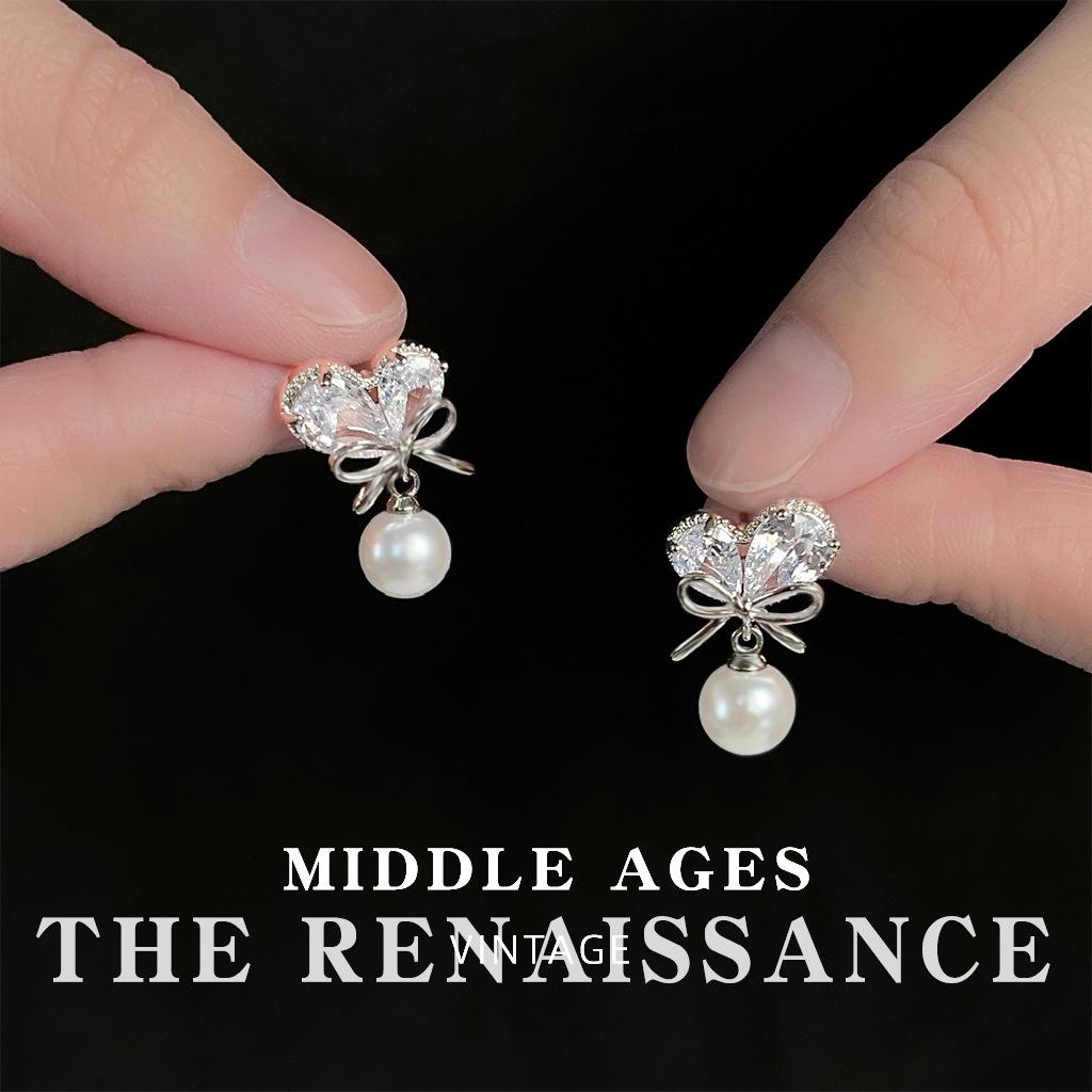 Flash~ Light Luxury Zircon Bow Love Earrings French Pearl Earrings Women