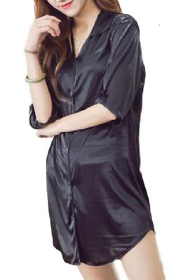 Roca Roca Satén Boyfriend Camisa Corta Negra, Pijama, Ropa de Casa, Ropa de Dormir, Camisón, Camisa, Frontal Abierto, Manga, Mini, Mujer, (L, Negro)