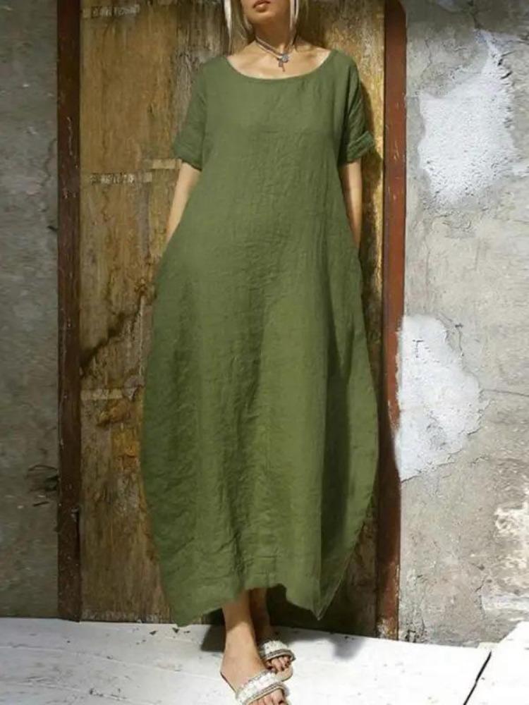 2023 Women's Cotton Linen Dress Loose Fit Round Neck Slit Belted Design