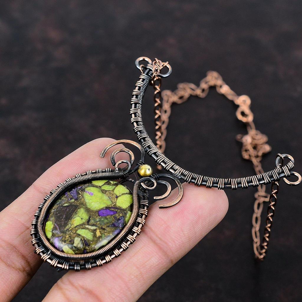 Copper Stichtite Gemstone Necklace Copper Wire Wrapped Adjustable Necklace Handmade Boho Necklace Copper Jewelry For Gift Wire Wrap Jewelry