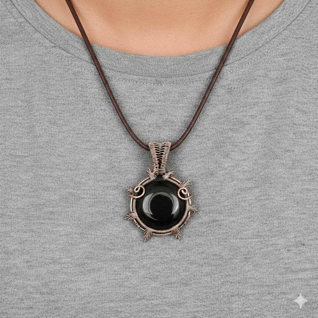 Copper Wire Wrapped Pendant Black Onyx Gemstone Pendant Vintage Boho Style Jewelry for Men & Women Handmade Pendant