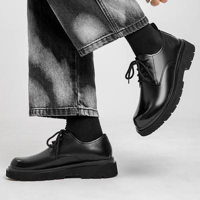 Scarpe Derby Autunnali da Uomo Stivaletti Bassi Stile Britannico Punta Tonda Testa Larga Scarpe Nere da Lavoro Scarpe Casual con Plateau in Pelle