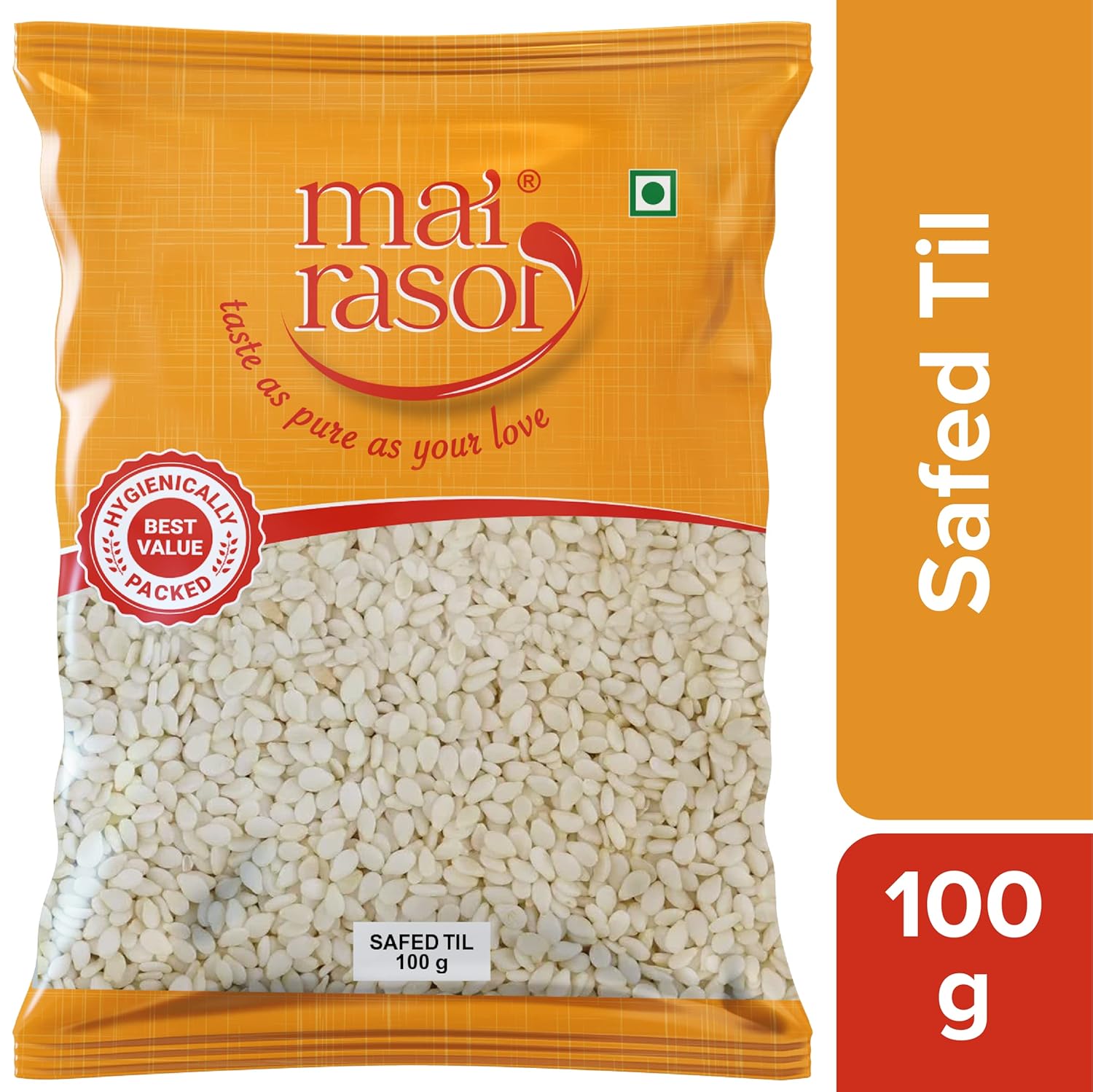 

MAI RASOI Семена белого кунжута Safed Til Премиум Жареные Ореховый Хруст Украшение для выпечки Кулинария Суперфуд Упаковка 100 г 1 шт.