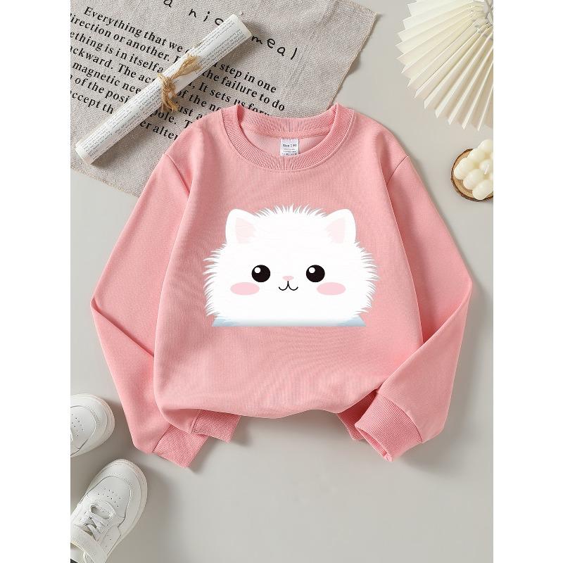 European Sizes Adorable White Cat Face Design On a Kids' Crewneck Sweatshirt, Soft And Comfy Sports And Casual Wear Is Ideal for Kids And Teens