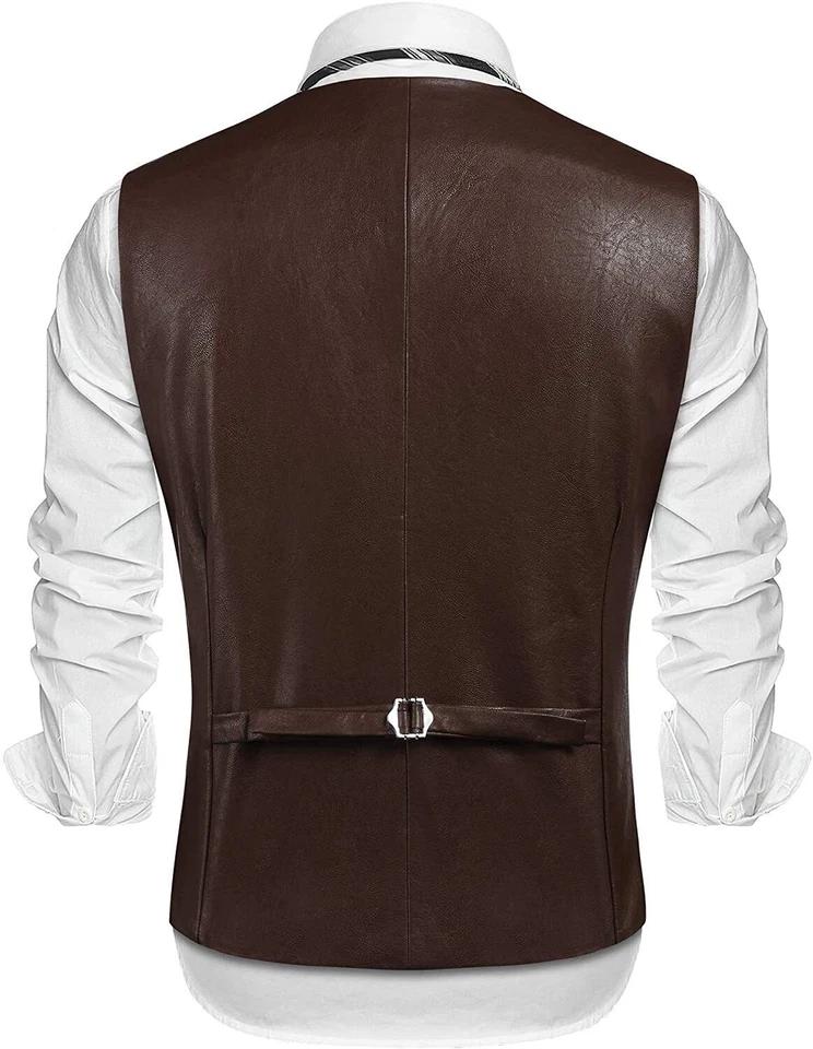 Men's Motorcycle Handmade Genuine Real Leather Brown Western Vest Coat Jacket Lambskin Button