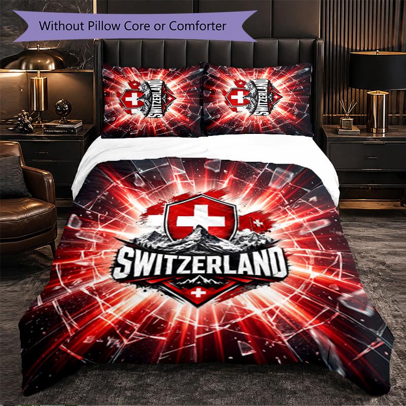 Switzerland Football Pattern 3 Pieces Bedding Set Soft Microfiber Duvet Cover with Pillow Cases for Bedroom