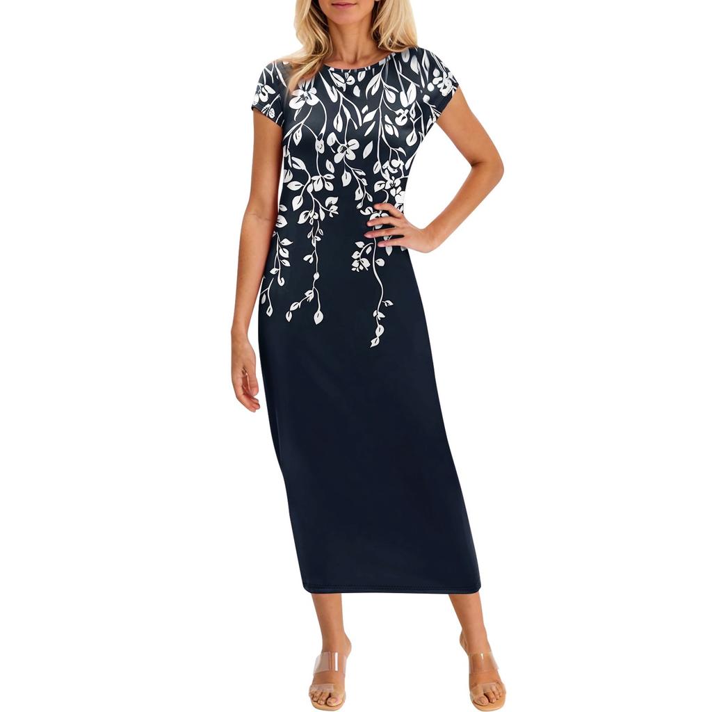 Vestido Largo Casual de Moda para Mujer con Estampado, Cuello Redondo y Manga Corta