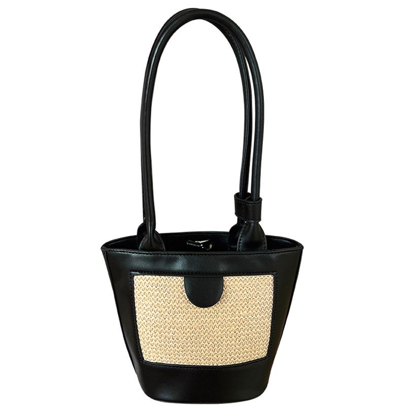 Korean Niche Design Style Straw Woven Handbag Bag Latest Look Bucket Bag Retro Handheld One-shoulder Armpit Bag