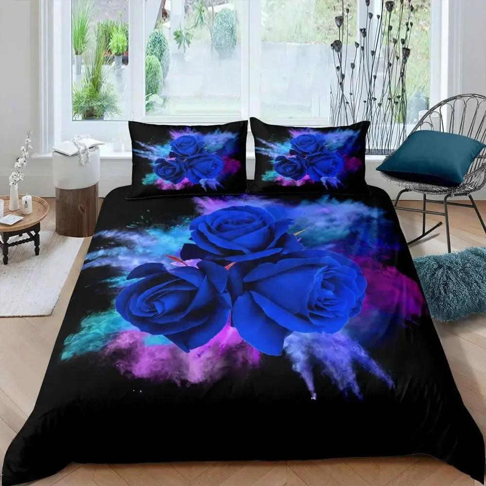 Blue Rose Floral King Queen Duvet Cover 3D Blossom Flowers Bedding Set Valentine's Day Quilt Cover Botanical Comforter Cover