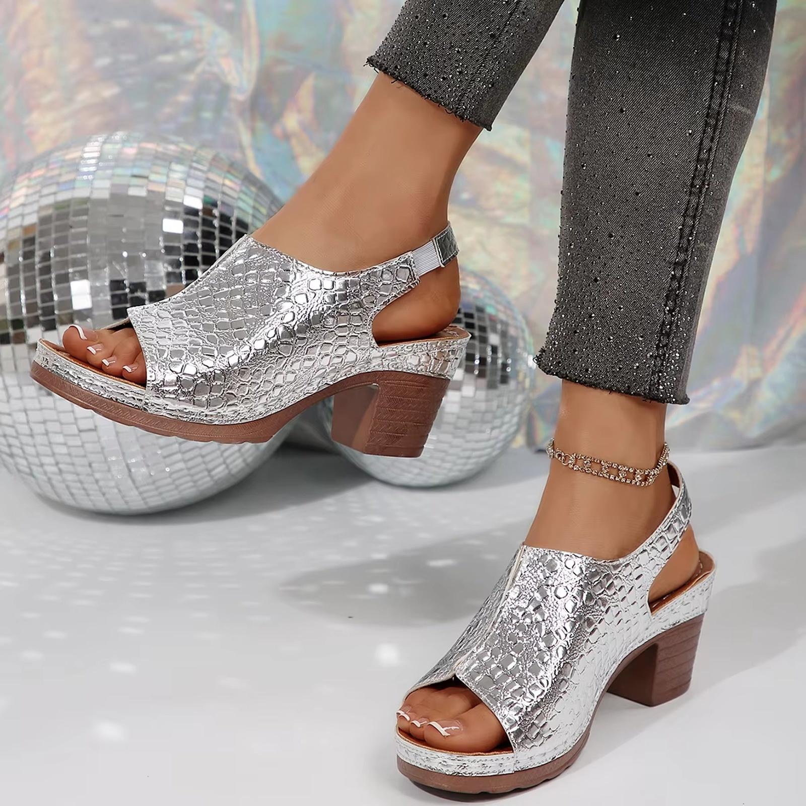 Womens Chunky Heeled Sandals Summer Dressy Open Toe Elastic Fashion Womens Sandals 42 серебряный 2390₽