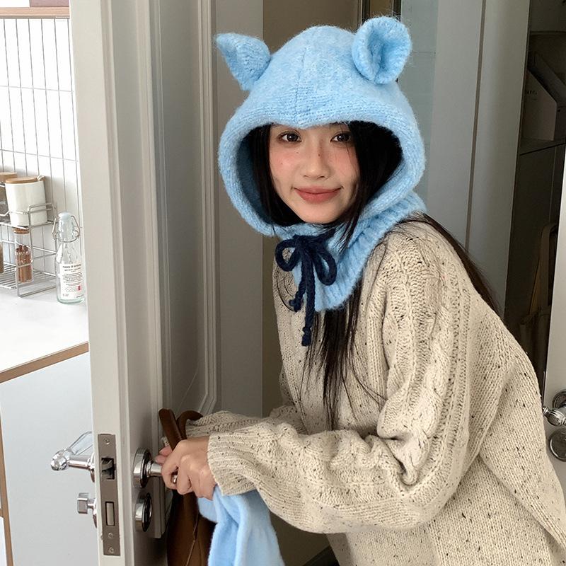 

Cute ears balaclava hat women s winter warm ear protection wool hat cold-proof knitted scarf integrated Adult average size (56-58cm) бежевий