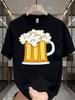 Unisex Black Crew Neck Tee Cartoon Beer Mug Foam Print Loose Oversized Streetwear Casual Short Sleeve Unisexs Summer Daily Basic Wear