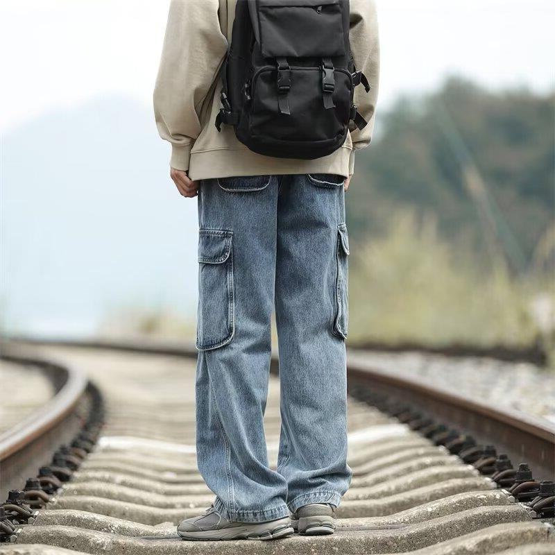 Men's Japanese Retro Workwear Denim Jeans - Multi-Pocket, Loose Fit, Straight Wide Leg, Trendy High Street Style, Blue.