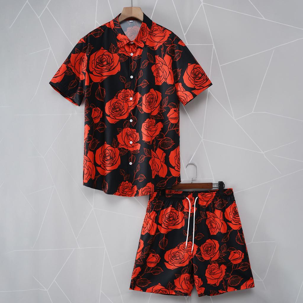 Men's Flamingo Striped Shirt 2-Piece Set Short Sleeve Shorts Lapel Tropical Fashion Hawaiian Casual Holiday Beach Set