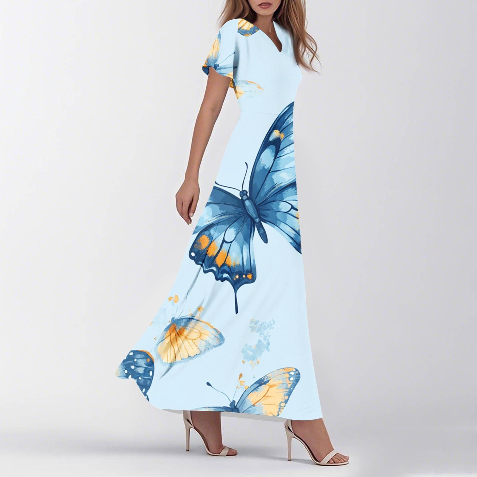 

Женское летнее повседневное модное ретро-платье с цветочным принтом и коротким рукавом L синий