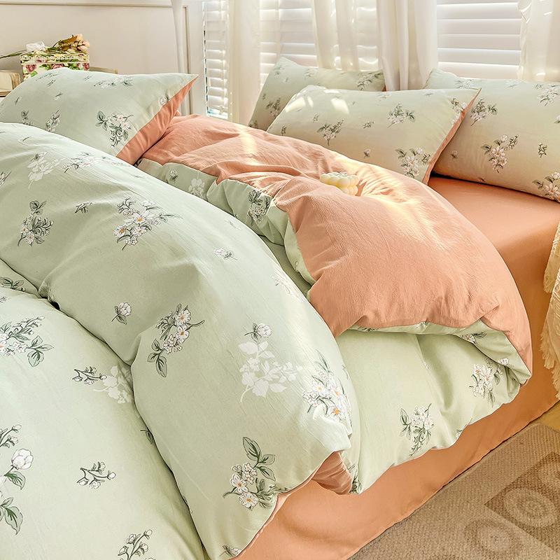 Washed Cotton 4Pcs Set, Double-Layer Yarn Quilt Cover, Dormitory Bed Sheet Three-Piece Set, Household Bedding