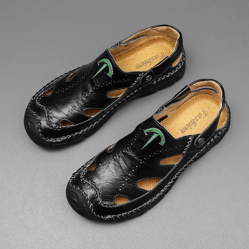 Men's Handmade Leather Sandals Luxury Designer Flat-bottomed Baotou Hollowed-out Leisure Resort Beach Shoes Large Men's Slippers