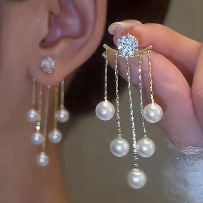 Brincos de Clipe Pingente Decorativo Zircônia Brilhante Franja Pérola Imitação Estilo Elegante Luxuoso Brincos de Banquete