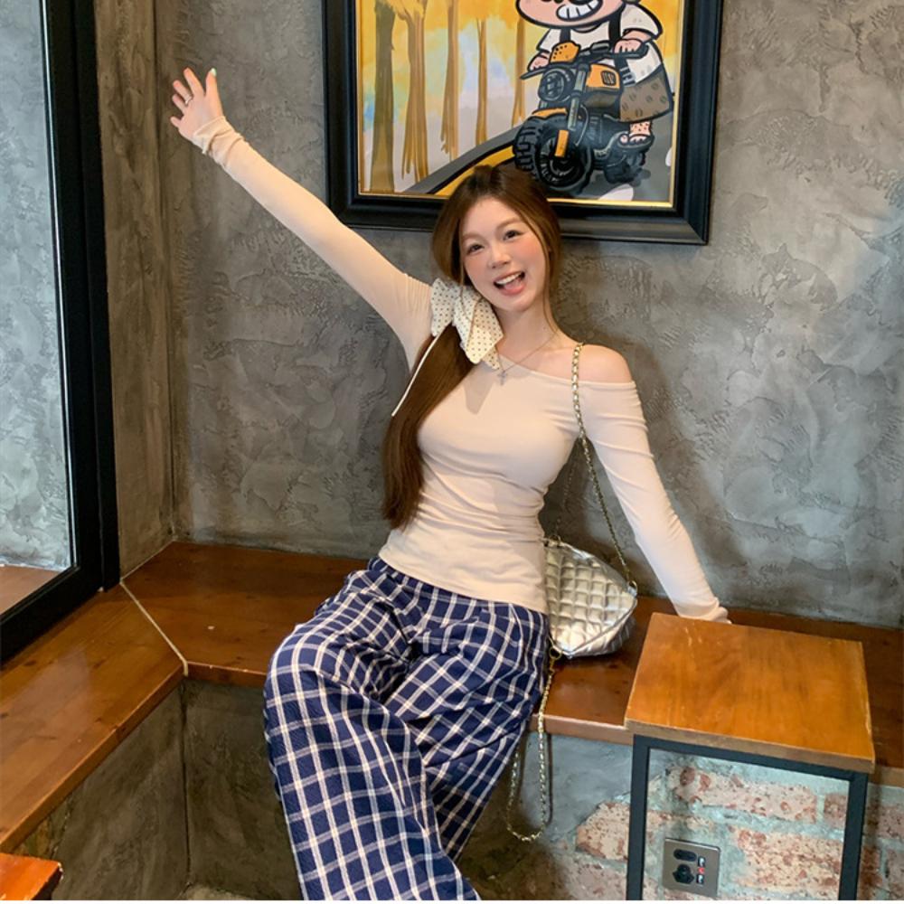 Irregular Collar Long Sleeve T-Shirt Women Basic Solid Off Shoulder TShirt