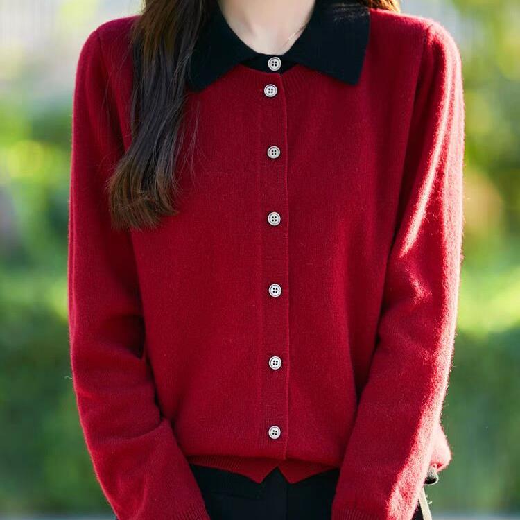 Double-layer Fake Two-piece Wool Knitted Cardigan Women's POLO Lapel Contrasting Color Loose Cashmere Sweater Jacket