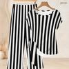 Women Plus Size Round Neck Short Sleeve Knot Hem Red White Striped Printed Two Piece Pants Set