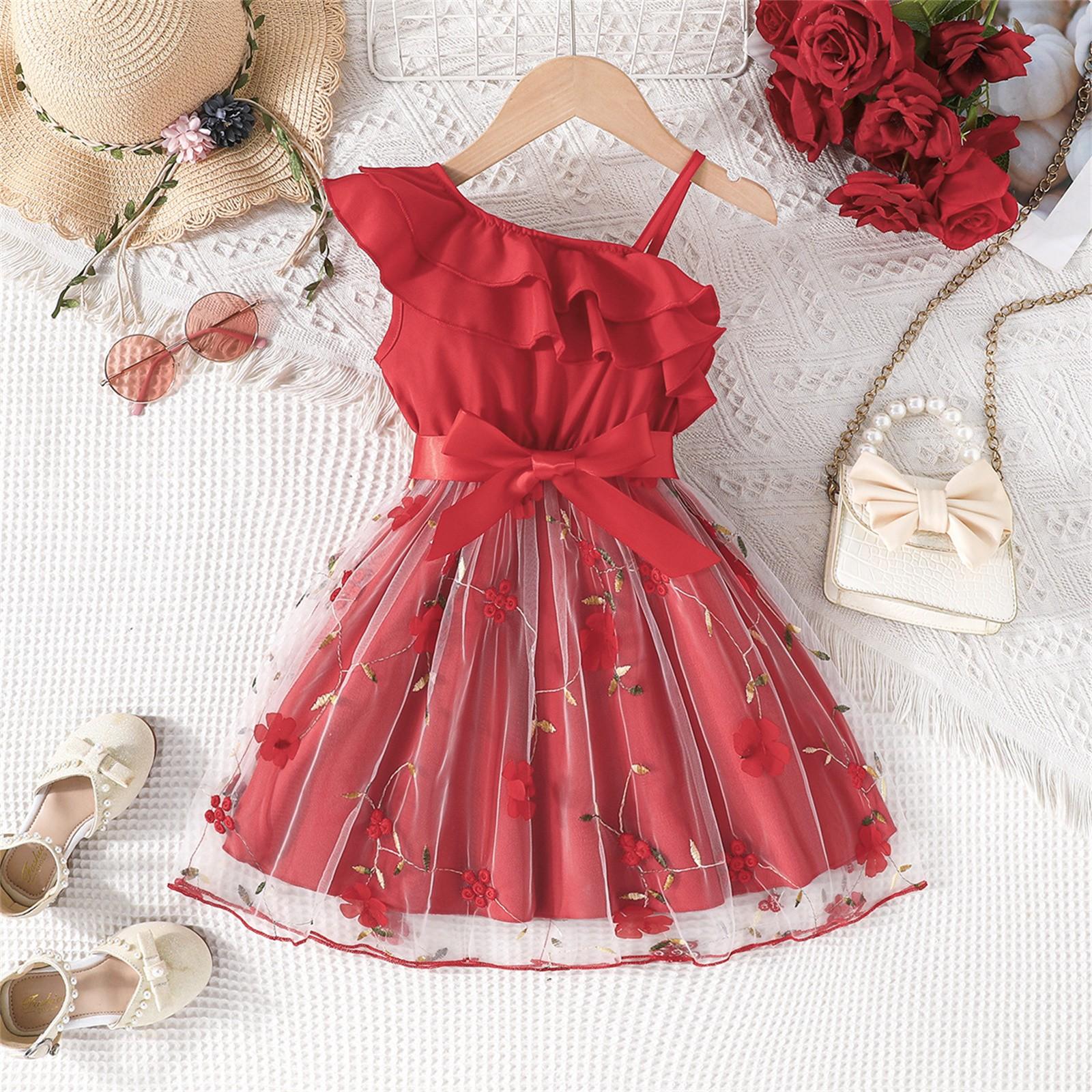 

Summer Children Leaf Inclined Shoulder Strap Craft Skirt Girls Fashion Casual Dress 130 красный
