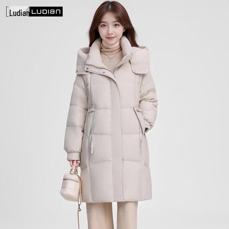 LUDIan Women s Mid-Length Loose Fit Down Jacket with Detachable Hood L