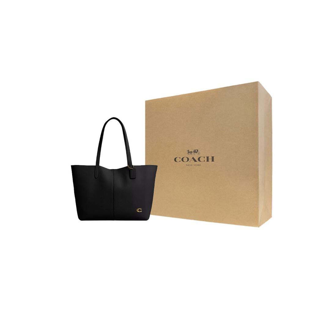 Coach North 32 Metalen Logo Leren Tote Bag met textuur Dames tote Messing Zwart CR664-B4BK