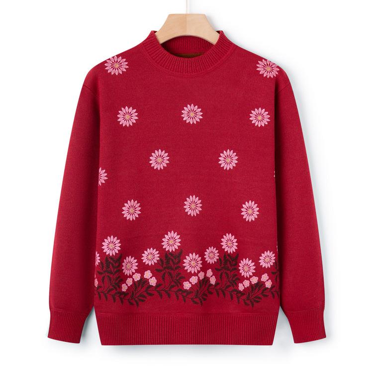 Mom's Autumn Warm Sweater for The Elderly Autumn and Winter Integrated Velvet Sweater Grandma Plus Velvet Thickened Casual Top