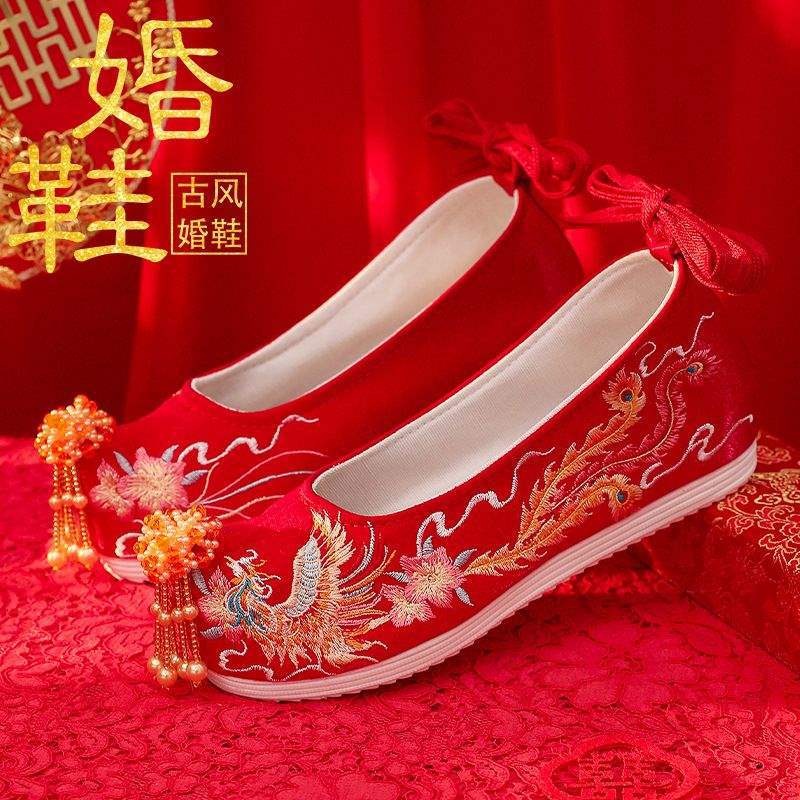 

Ancient Hanfu Shoes Bridal Wedding Shoes Chinese Red Fringed Xiuhe Wedding Shoes Inner Heightening Ethnic Style Embroidered Shoes 41