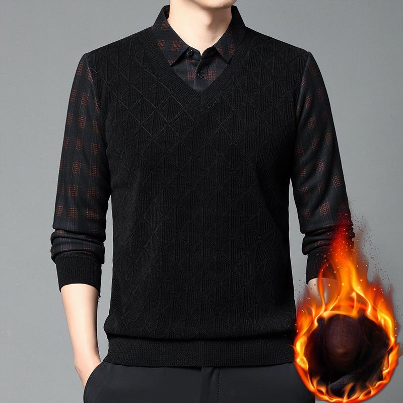 Fejk tvådelad pappaoutfit plus sammetstjock tröja för män vinter ny affärsmässig avslappnad varm och kall stickad bottenskjorta