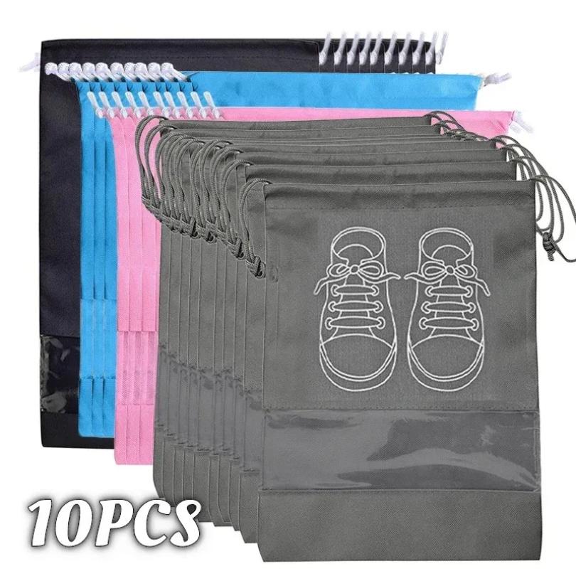 10pcs Bolsas Organizadoras de Almacenamiento de Zapatos No Tejidas de Viaje Portátiles para Armario Bolsillo Impermeable Ropa Bolsa Colgante Transparente