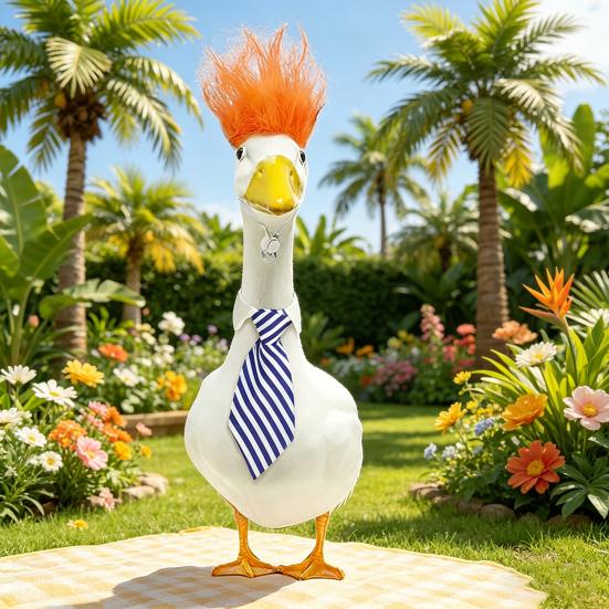 1 Set Porch Goose Outfit Orange Wig with Striped Necktie Funny Lawn Goose Costume Set for 23" or 17" Yard Goose Statue Garden Accessories