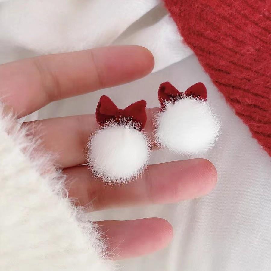 

2024 Festive Red Bow Pompon Clip-On Earrings Bow Pompon Ear Stud
