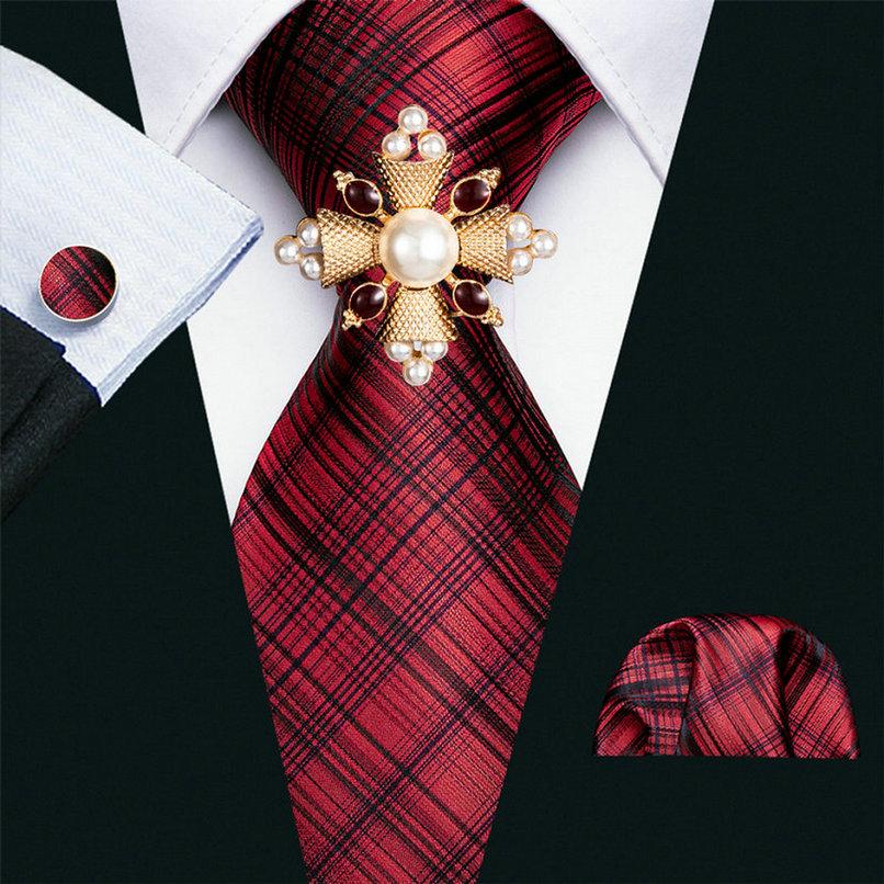 16 Styles Tie with Pearl Brooch for Men Paisley Woven Necktie Hanky Cufflinks Set Wedding Formal