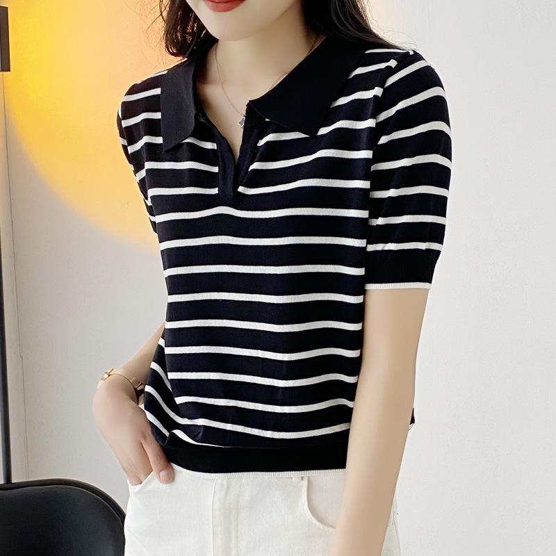 Summer  Turn Down Collar Striped Knitted Sweater Women Pullovers Short Sleeve Knit Sweater Pullover Women Tops
