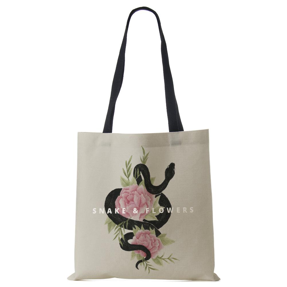 Flower Snake Women Shoulder Bag Letter Printed Reusable Shopper Tote Bag Harajuku Eco Canvas High Capacity Handbag CLE