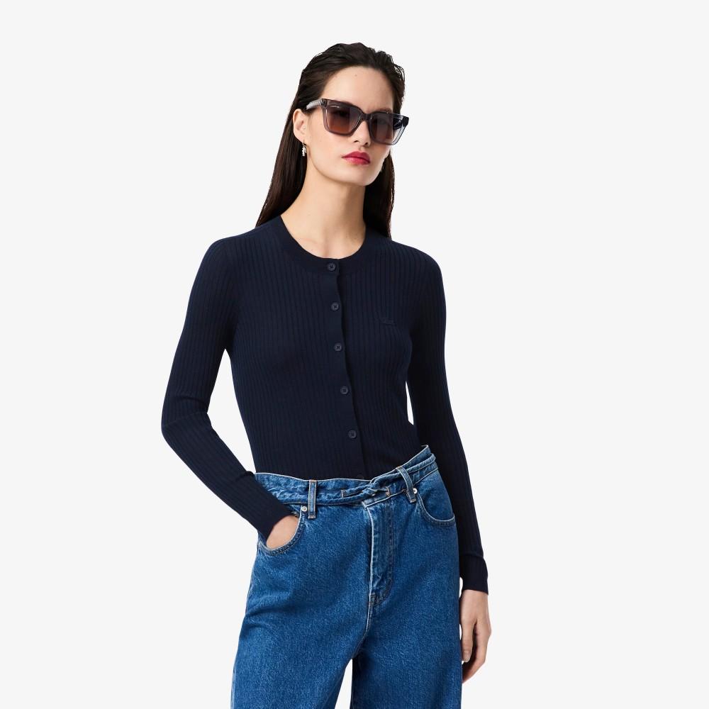 [Lacoste] Women s Ribbed Merino Wool Crew Neck Cardigan AF4141-55N166 34
