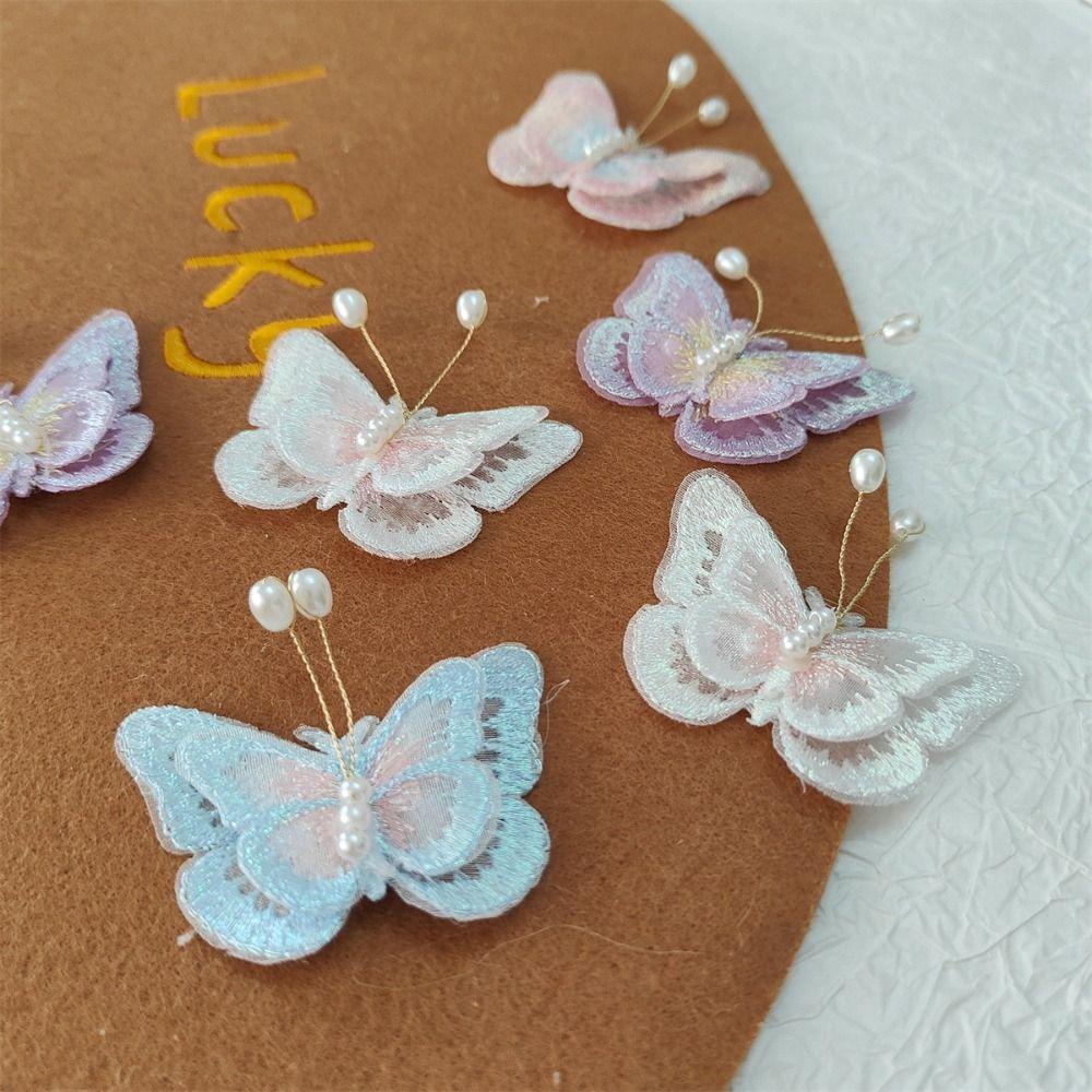10Pcs 3D Mesh Pearl Butterfly Appliques Double-layer Chinese Style Butterfly Embroidered Patches Cloth