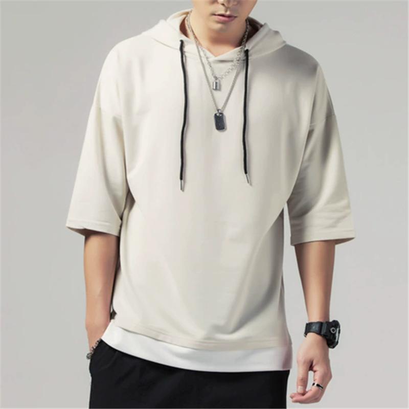 Summer Hooded T-Shirts Men Solid Short Sleeve Loose Streetwear Tees Male Vintage Casual Sports Tshirt Hooded Neck Tops Plus Size