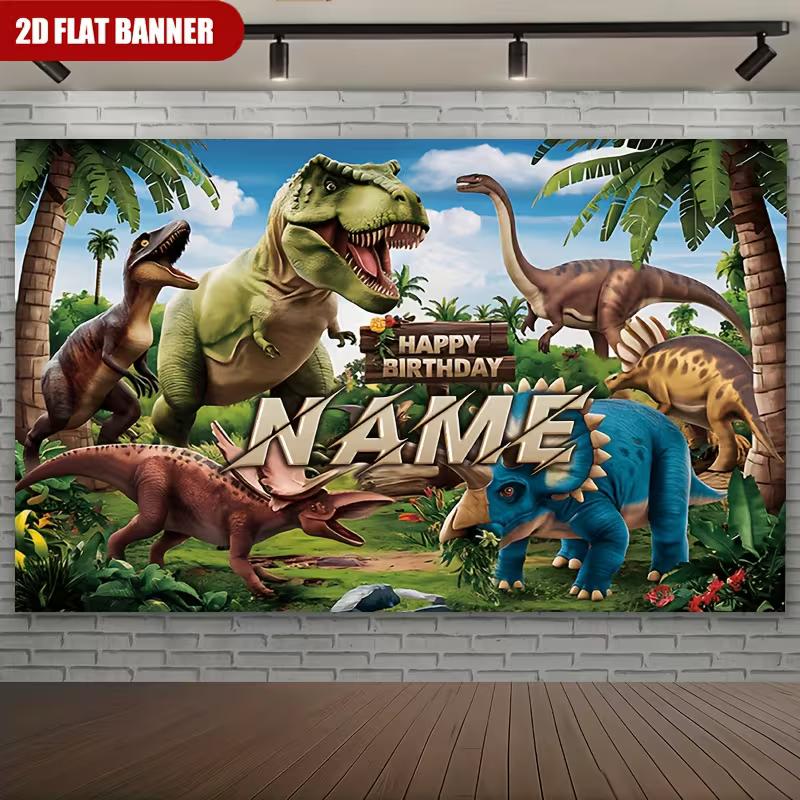 Realistic Dinosaur Birthday Backdrop, Customizable Name Jungle Background with T-Rex & Palm Trees for Boys Room