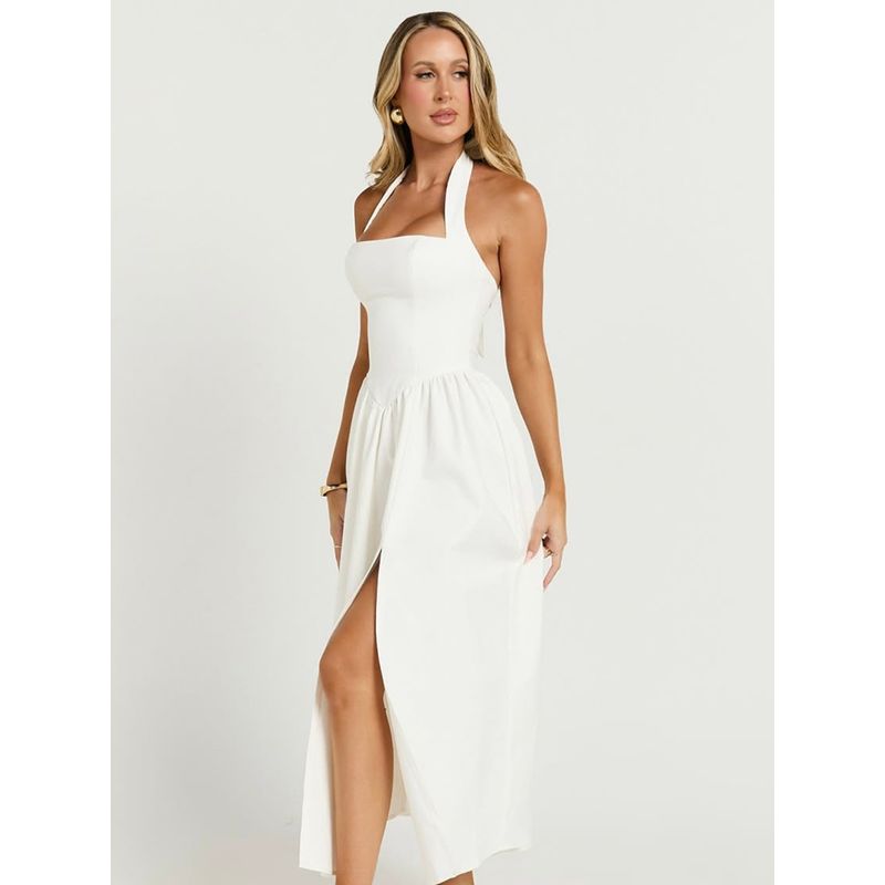 Dancer Voice French style Pure Desire White Moonlight Strap Hanging Neck Split Waist Hugging Slimming Temperament Mid-Length Dress