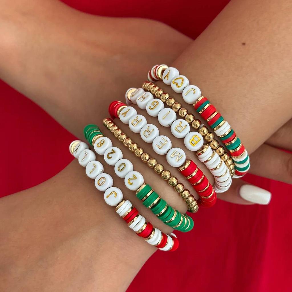Salircon Cute Christmas Soft Ceramic Elastic Bead Bracelet Set for Women Trendy Simple Rope Chain Bangle Couple New Jewelry Gift