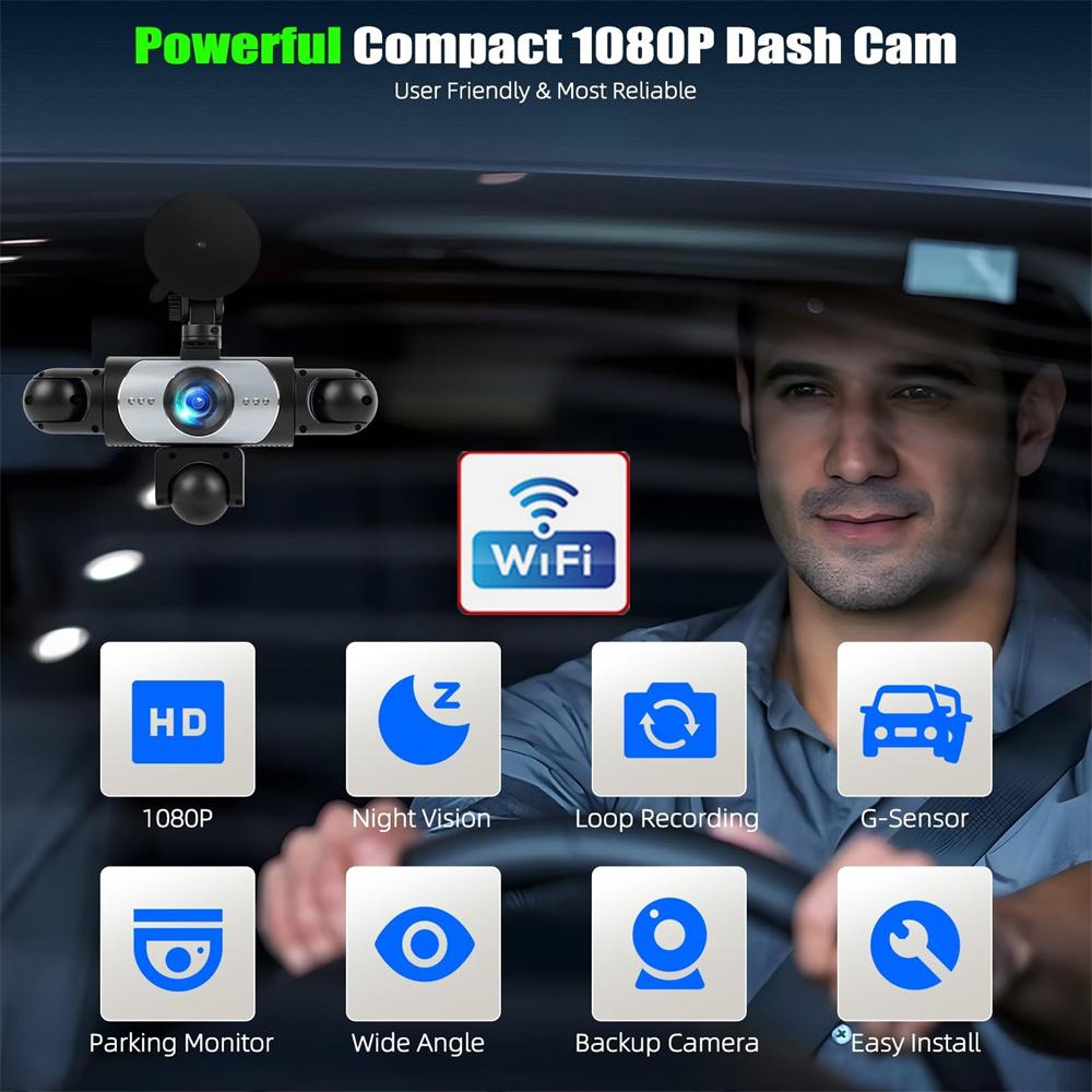 5 Channel WIFI Dash Cam Front & Rear Inside Left Right, 3.16'' 1080P Dash Camera